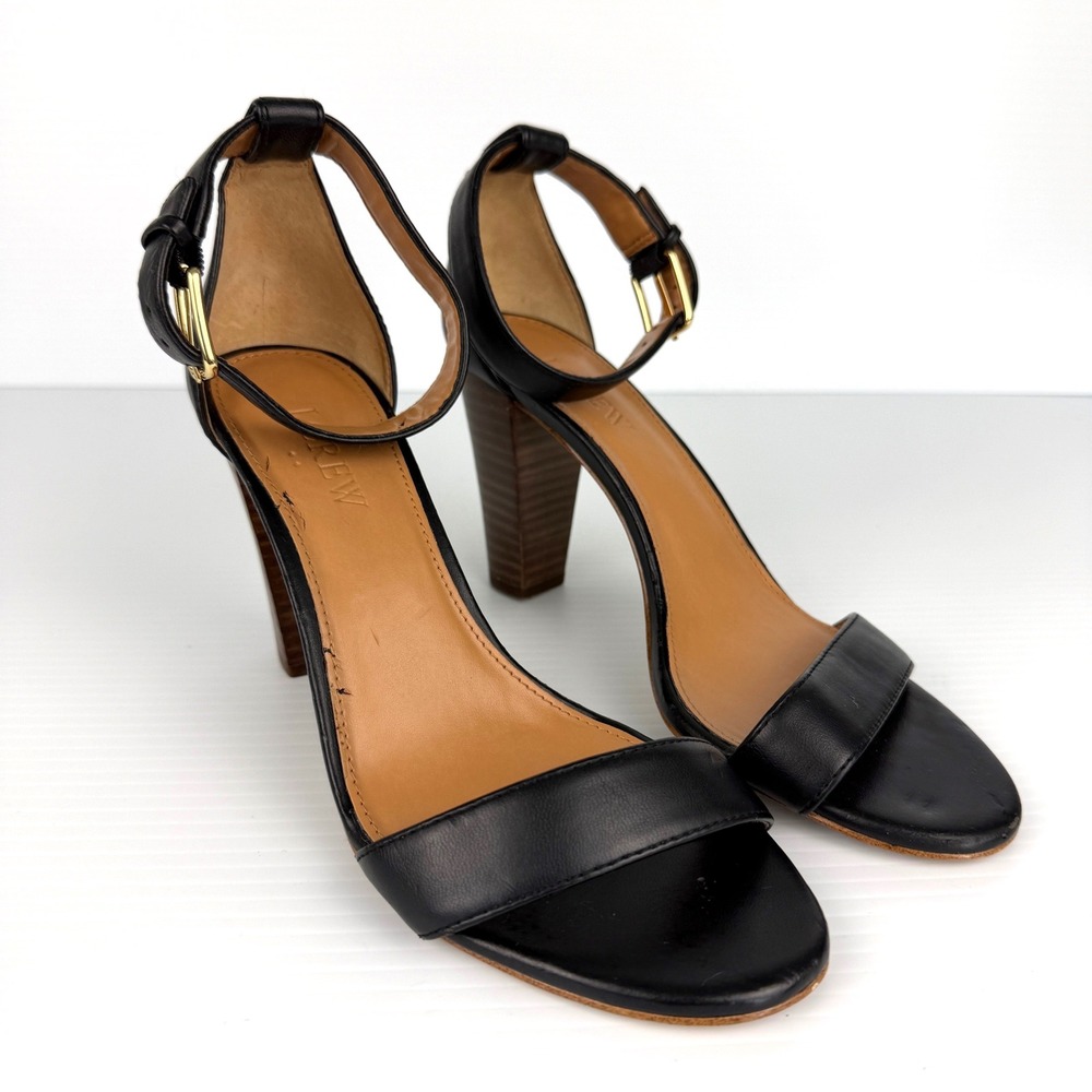 J.Crew Womens Black Leather Ankle Strap Stacked Block Heel Sandals Size 6